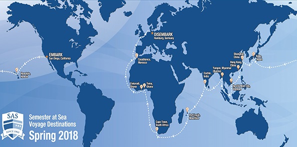 Semester at Sea route map, spring 2018