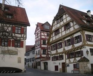 A view of traditional German architecture from a city street