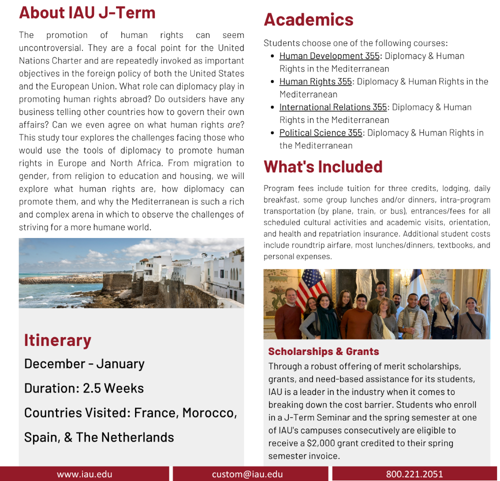 ACM-IAU digital flyer for J-Term traveling seminar called Diplomacy & Human Rights